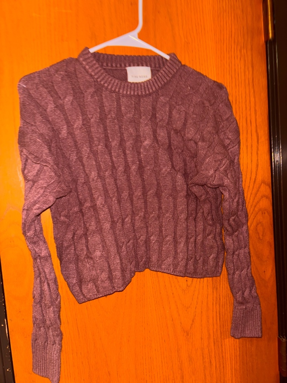 Pink Rose Cable Knit Crewneck Sweater - Plum